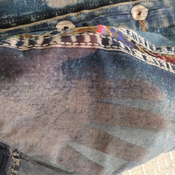 John Mark Top Womens Sz S Sheer Mesh Faux Denim Jacket Full Zip Trompe L’oeil - Picture 7 of 10